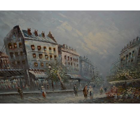 20th Century French oil on canvas, street scene with figures and Moulin Rouge, signed Burnett, 24ins x 35ins, another similar
