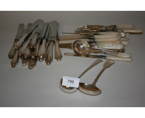 Georgian silver ladle, another silver ladle and a set of mother of pearl dessert knives and forks 