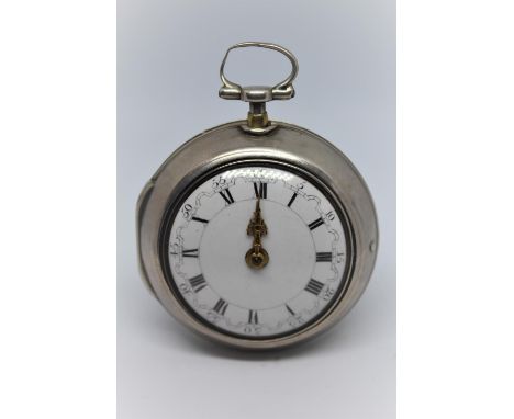 Daniel Quare.  Silver pair cased quarter repeating verge watch, signed to the back plate and No. 441, the later enamel and ar