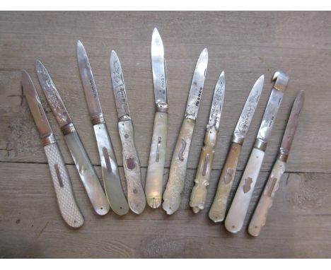 Bag containing a collection of ten various mainly 19th Century silver and mother of pearl handled folding fruit knives 