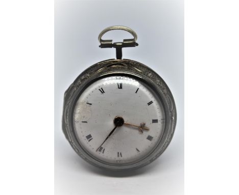 George Mardy.  Silver repousse pair cased verge watch, signed George Mardy, London, No. 55490, the enamel dial with Roman num