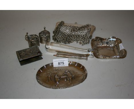 George III oval silver dish, later embossed, a pair of Georgian silver sugar tongs, silver cased propelling pencil, silver tr