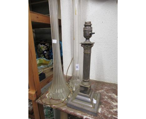 Pair of early 20th Century glass table lamps together with a plated Corinthian column table lamp 