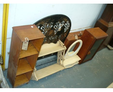 A Pieced iron firescreen, hanging wall shelf , toilet mirror, vintage case, glazed cabinet and 1 other. (6)