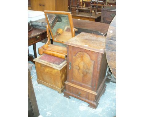 A Victorian walnut pot cupboard with a single door and drawer, a satin wood dressing table mirror and a Victorian commode sto