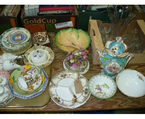 A Qty of decorative ceramics including  a 19th Century two handled flower encrusted lidded Coalport vase decorated with panel