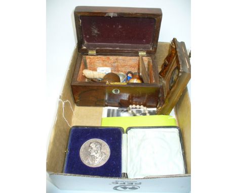 A Miniature portrait, a cased silver Armstrong Memorial prize medal , simulated pearl necklace, old photographs, qty.