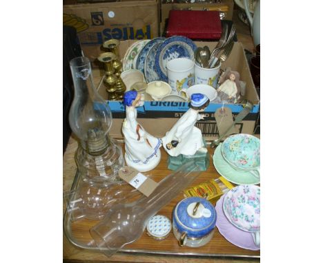 Two Royal Doulton figurines " Wee willy winky" and " Little bo peep", two Shelley floral pattern cups and saucers, brass cand
