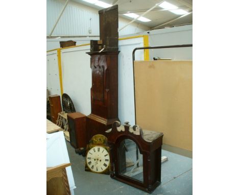 An 18th/ 19th Century oak and mahogany cross banded longcase clock with a painted dial signed " Brown Barnsley ", two train m