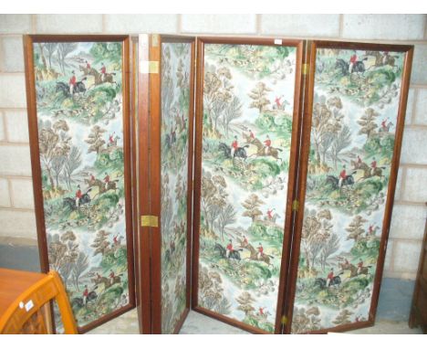 A mahogany framed five fold room screen
The frame with brass embellishments and each panel covered with a fabric depicting hu