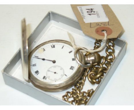 A silver manual wind pocket watch (A.f), inscribed, to a base metal albert chain with attached "T" bar fob.