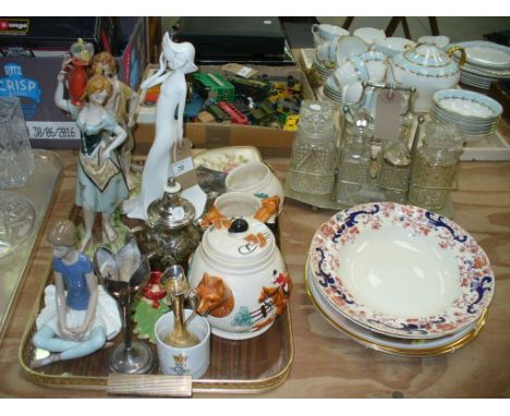 A Pair of continental ceramic figures, a Lladro model of a ballerina, Royal Doulton figurine, a sporting three piece tea set,