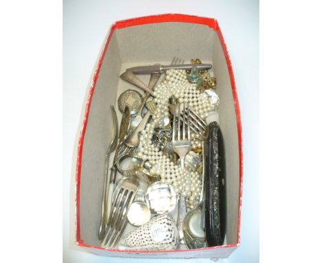 A Box of assorted items , costume jewellery , decanter stoppers, flat wares, watches, etc.