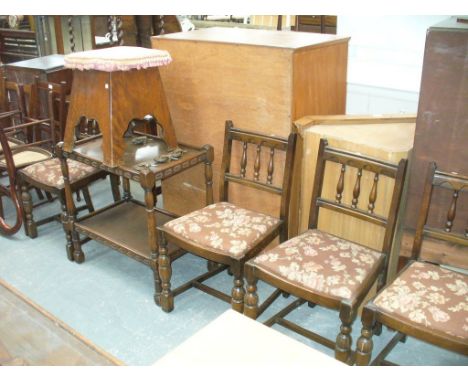 Four 20th Century spindle back kitchen chairs, an oak tea trolley and a commode stool. (6)