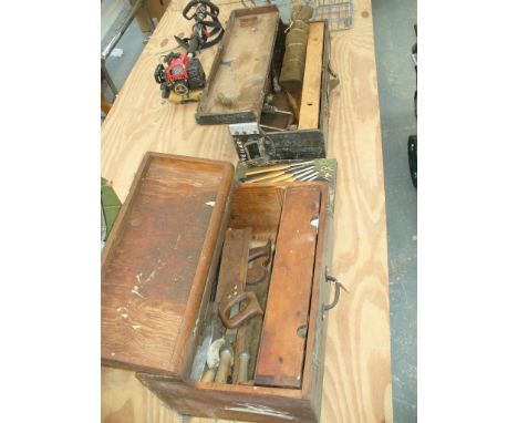 A Vintage pine joiners tool box, second similar box, a collection of old tools and a box set of wood turning tools