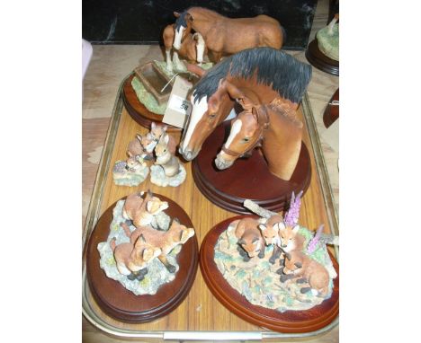 A Border Fine Art group , mare and foal on a hardwood plinth, a limited edition bust Arabian mare and foal,  Border Fine Art 