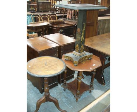 A 19th Century painted and gilt embellished pedestal table and a Victorian inlaid octagonal table and a chess top tripod tabl