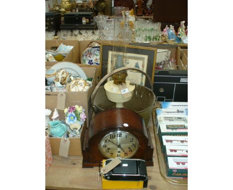 A reproduction framed map of Cheshire, a large brass skillet, oil lamp, oak cased mantle clock and a boxed Kodak Junior 1 cam