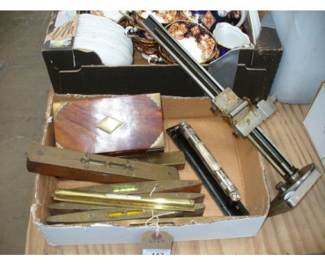 A Collection of seven vintage brass spirit levels, a Chesterman gauge, cased brass level and button polishing guards.