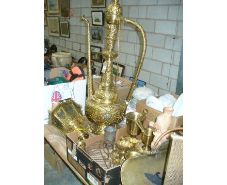 A Large Eastern brass ewer , an ornate open work hanging brass lantern, brass pestles and mortars, other assorted Eastern bra