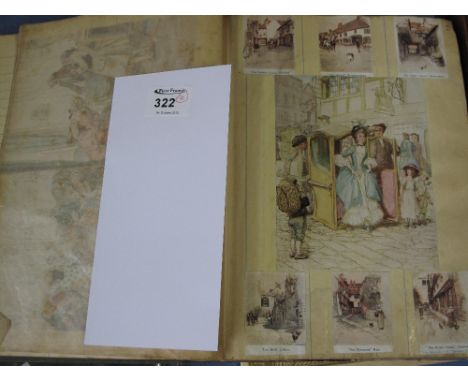 A scrapbook/newspaper cuttings album containing various illustrations, postcards, portrait studies etc., together with an off