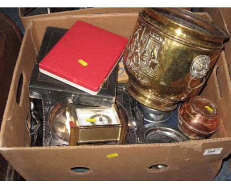 Box of assorted metal ware and other items to include various brass candle sticks, plated fish fork and knife set, other plat