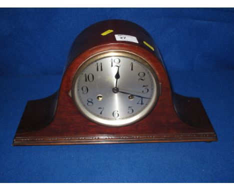 Mid 20th Century mahogany two train hat shape mantle clock.