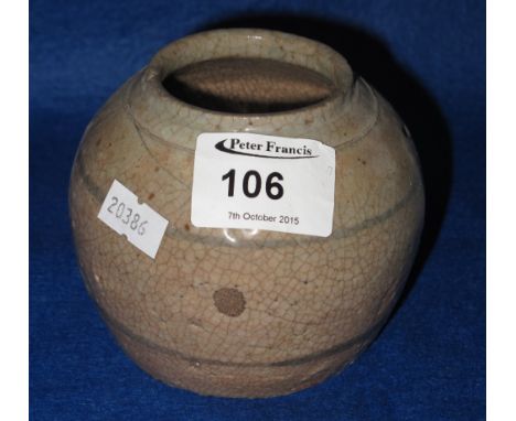 Provincial Chinese ceramic jar with overall crazed glazed decoration and under glazed bands. Unmarked. CONDITION REPORT: Very