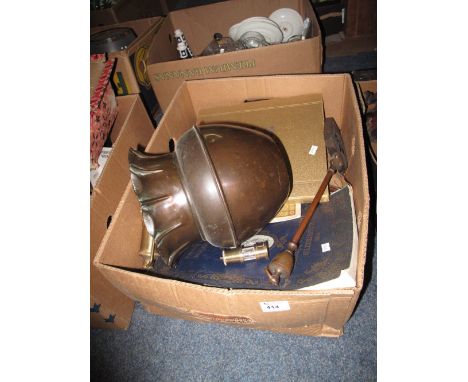 Box of assorted items to include copper baluster jardiniere, miniature brass miners lamp, various Japanese prints, Coronation