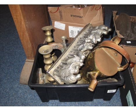 Box of assorted brass ware to include watering can, candle stick, bell, ecclesiastical figures, etc, together with a copper h