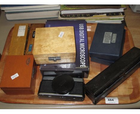 Tray of assorted microscope equipment to include USB digital microscope, Olympus C-35AD-4 camera, lenses etc.