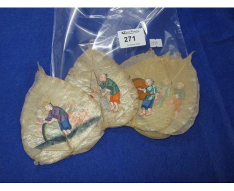 Collection of Chinese painted leaves decorated with various portrait figures. CONDITION REPORT: Some losses to corners of lea