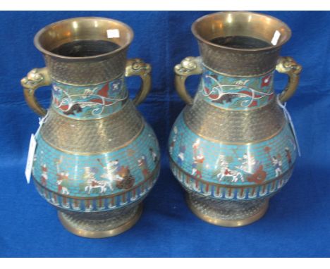 Pair of Oriental brass and champleve enamel two handled baluster vases with banded figural decoration. (2) ***