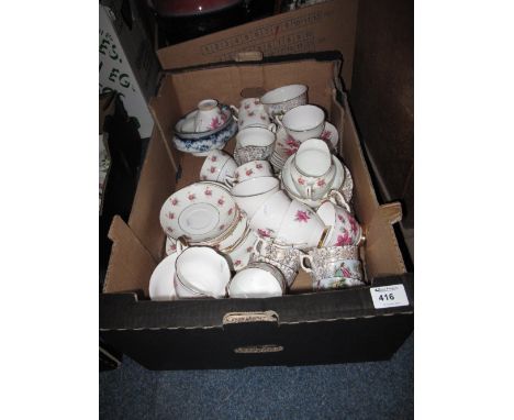 Tray of assorted part tea ware items to include Royal Stafford Evesham gilt figural, comprising cups, saucers, plates, milk j