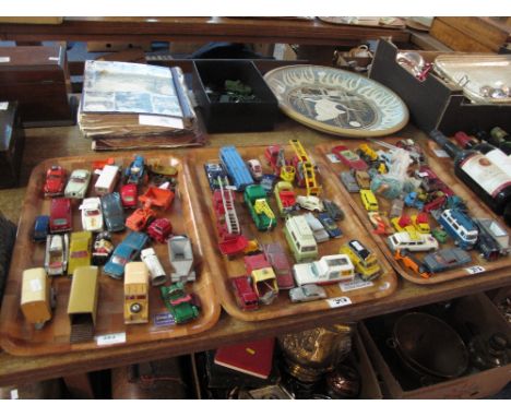 Three trays of assorted play worn unboxed die cast cars and vehicles to include Lesney Merryweather fire engine, match box ca