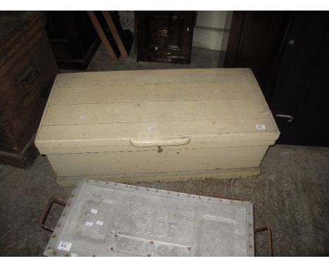 Vintage painted pine trunk with carrying handles.