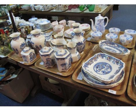 Three trays of Masons ironstone gold willow items to include lidded canisters, pouch shaped dresser jugs, trinket boxes, vase