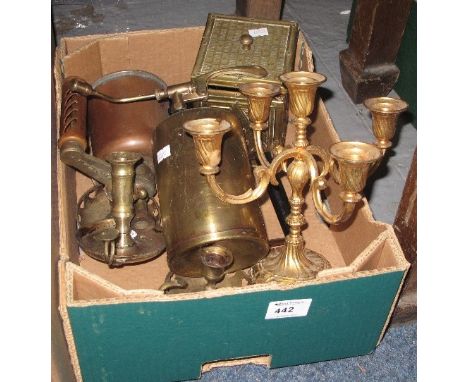 Small tray of assorted metal ware to include brass chamber stick, gilt brass five section table candelabra, brass pressurised