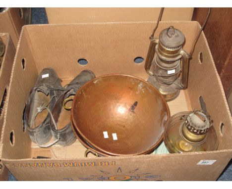 Box of assorted items to include single oil burner, pair of vintage shoes, original nier-feuerhand lamp, copper beaten bowls,