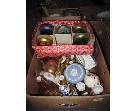 Box of assorted items to include Masons mandalay bowl, various floral plates, gilt foreign part tea ware, Wedgewood  jasperwa