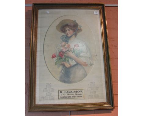 Large framed calendar from 1912 with portrait study entitled: 'A Bunch of Roses'.