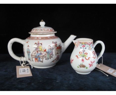 Chinese porcelain bullet shaped teapot with enamelled and gilded figural decoration, together with a similar Chinese porcelai