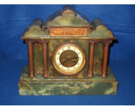 19th Century green onyx two train architectural mantle clock with French brass drum movement.