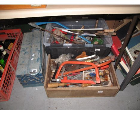 Assortment of tools and other equipment to include saws, chisels, tool box, hammers, rulers etc.