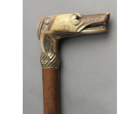 A 19th century English walking stick. Possibly carved malaca shaft and a horn handle carved in the shape of a greyhound with 