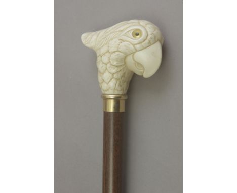 A 20th century walking stick. Carved shaft and an ivory handle carved in the shape of a parrot head with glass eyes and a gil