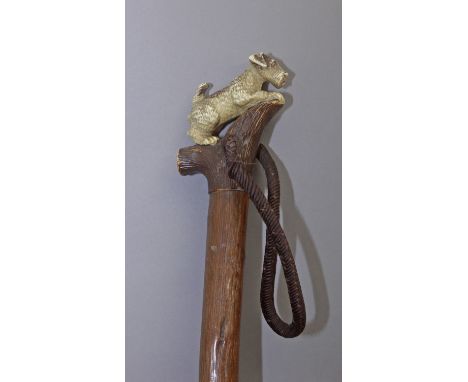 A 20th century walking stick. A mid 20th century walkingstick. Having a knotted wood shaft and a plastic handle in the shape 