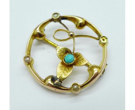 A 15ct gold, turquoise and seed pearl brooch, 2.3g, one seed pearl msising, a/f, repaired 