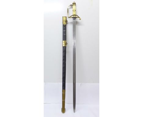 A reproduction naval sword, with scabbard, top of the blade marked R. Teed, the scabbard marked Richard Teed, Strand, blade 8