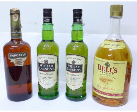 Four bottles, Bell's Finest Old Scotch Whisky, 1.5L, two William Lawson's Scotch Whisky and one Canadian Club Whisky, label a